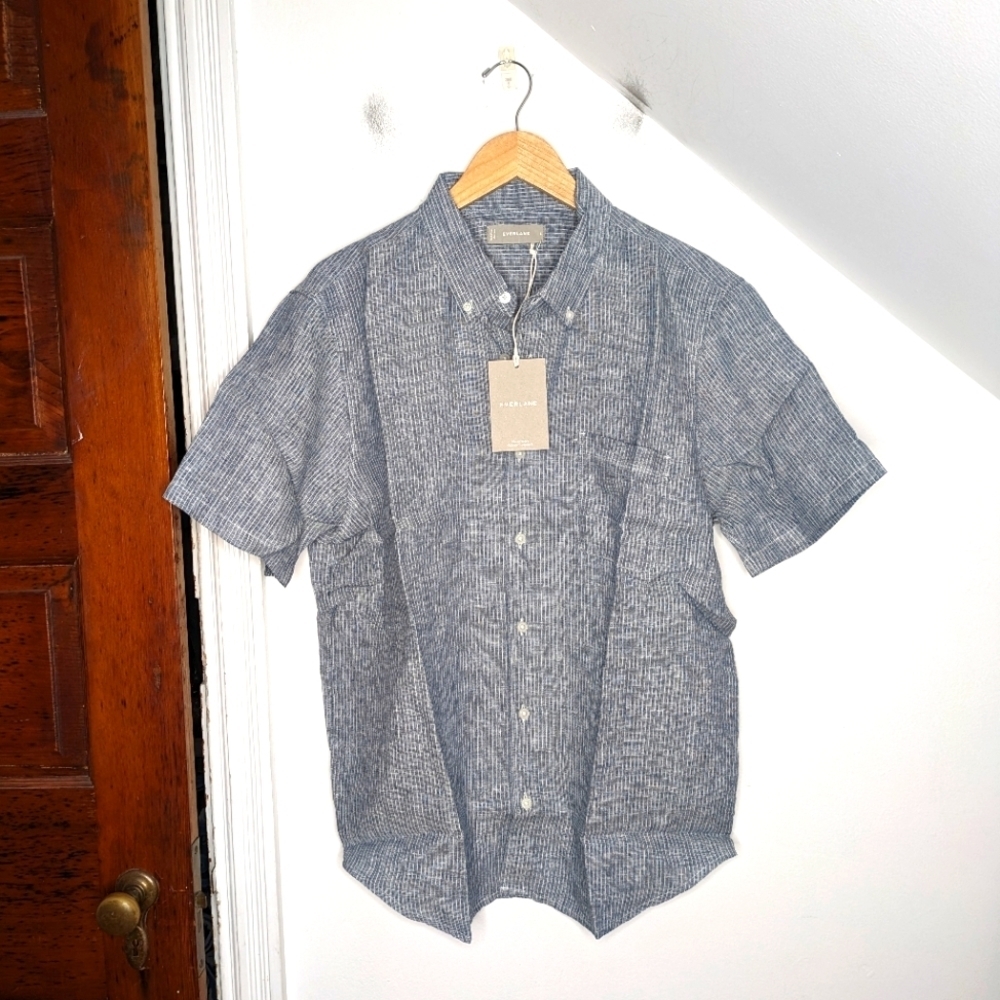 EVERLANE Men's Blue/White Pinstripe Linen Short-Sleeve Standard Fit Shirt NEW L